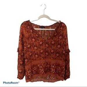 American Eagle rust floral peasant top ruffle leaves boho style size L
